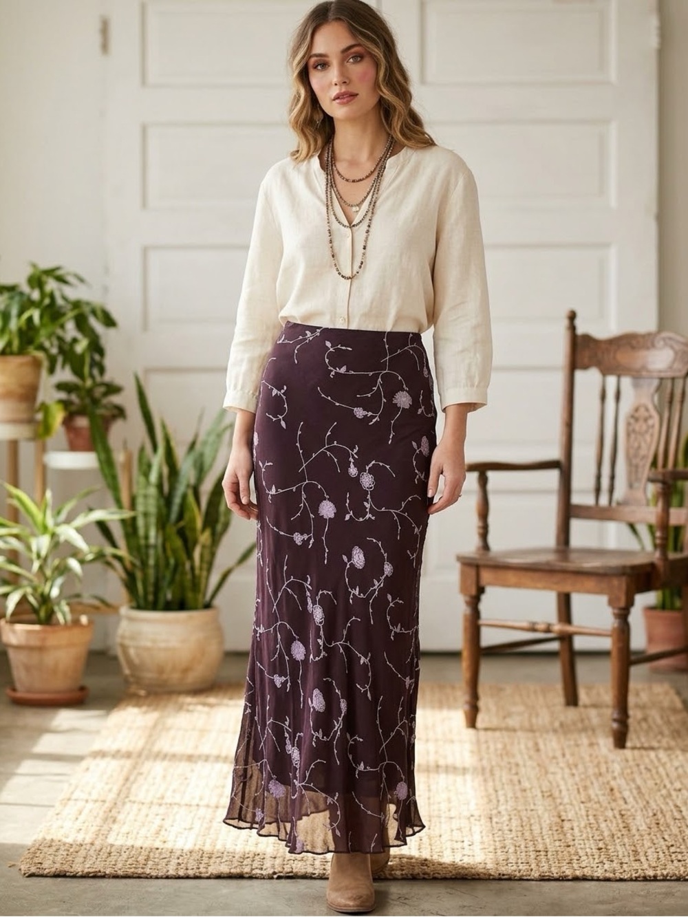 Y2K Floral Black Maxi Skirt with Light Purple Print